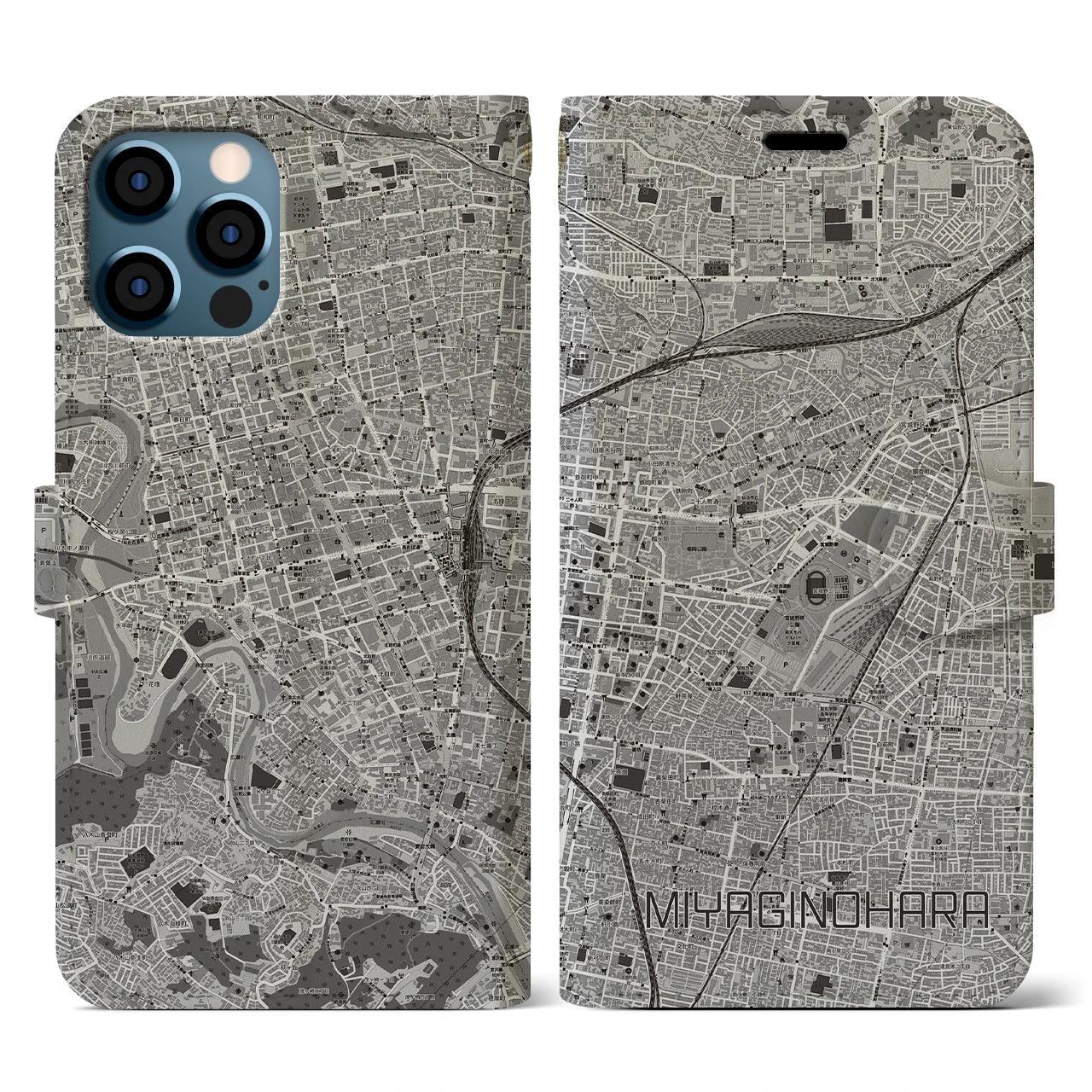 【宮城野原(宮城県)】地図柄iPhoneケース(手帳タイプ)モノトーン・iPhone 12 / 12 Pro 用