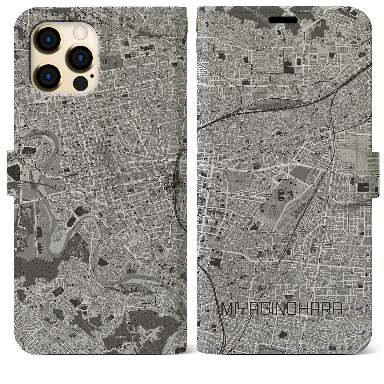【宮城野原(宮城県)】地図柄iPhoneケース(手帳タイプ)モノトーン・iPhone 12 Pro Max 用