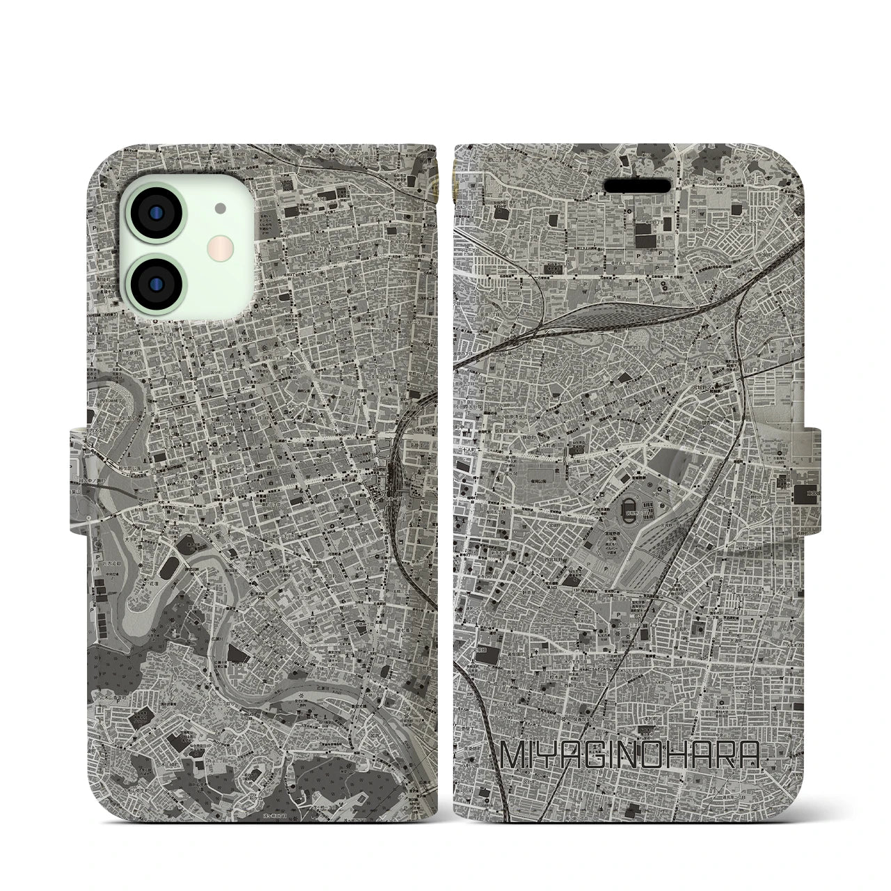 【宮城野原(宮城県)】地図柄iPhoneケース(手帳タイプ)モノトーン・iPhone 12 mini 用