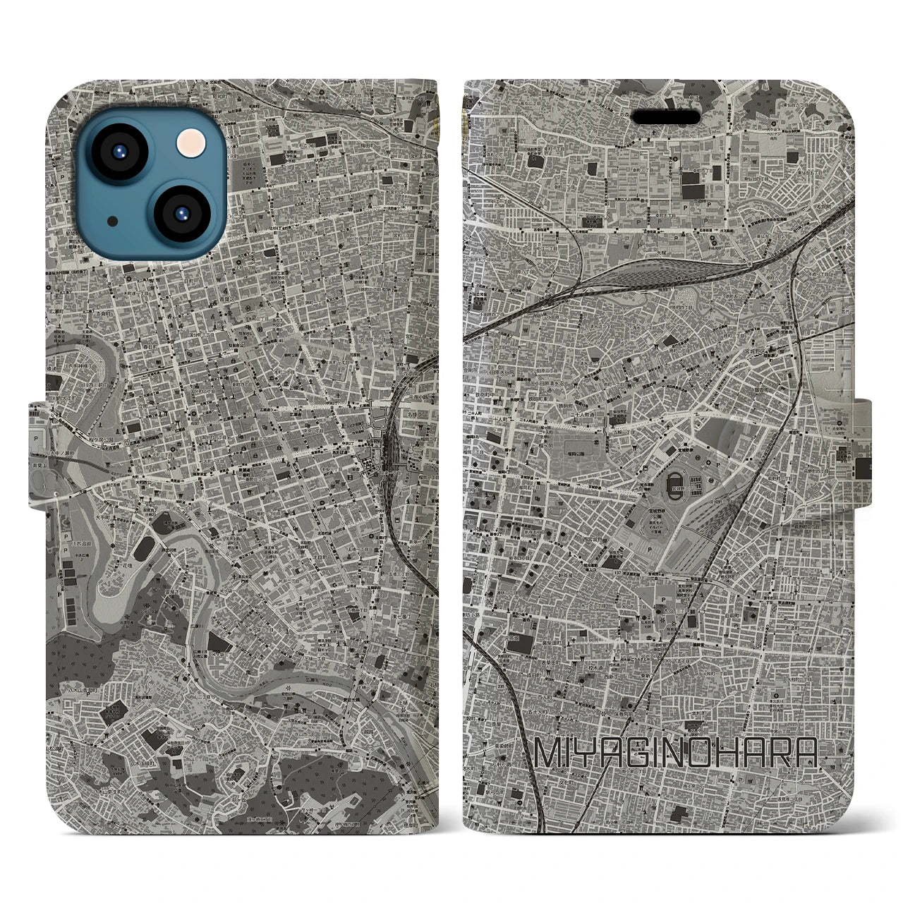 【宮城野原(宮城県)】地図柄iPhoneケース(手帳タイプ)モノトーン・iPhone 13 用