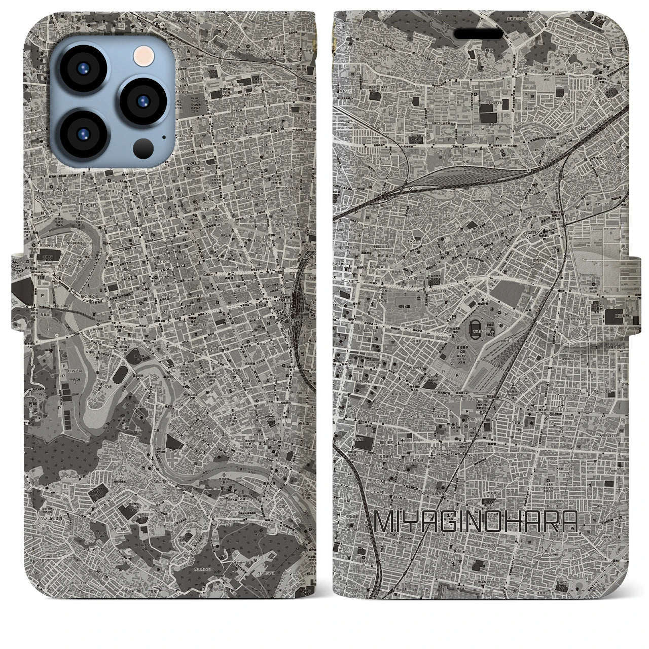 【宮城野原(宮城県)】地図柄iPhoneケース(手帳タイプ)モノトーン・iPhone 13 Pro Max 用