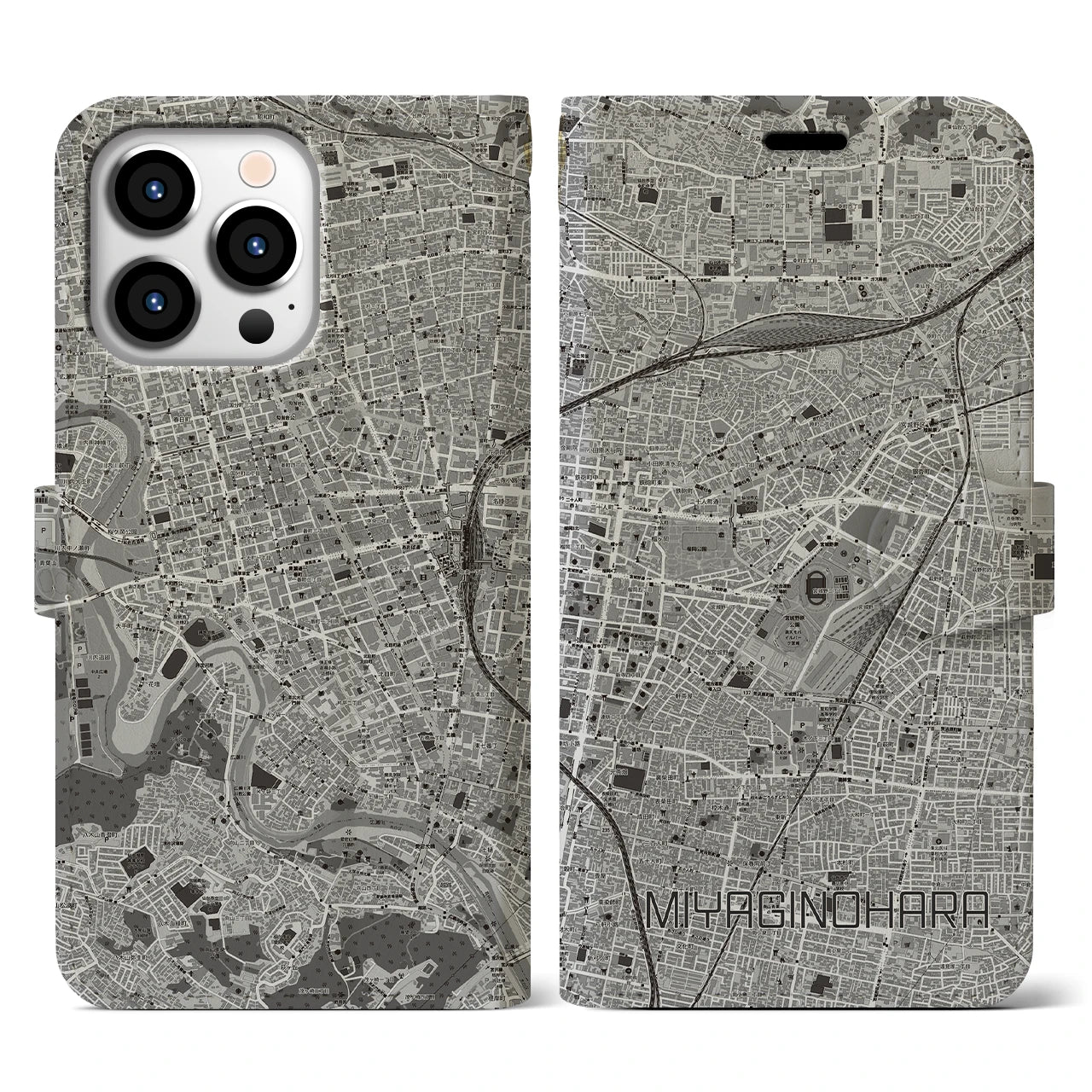 【宮城野原(宮城県)】地図柄iPhoneケース(手帳タイプ)モノトーン・iPhone 13 Pro 用