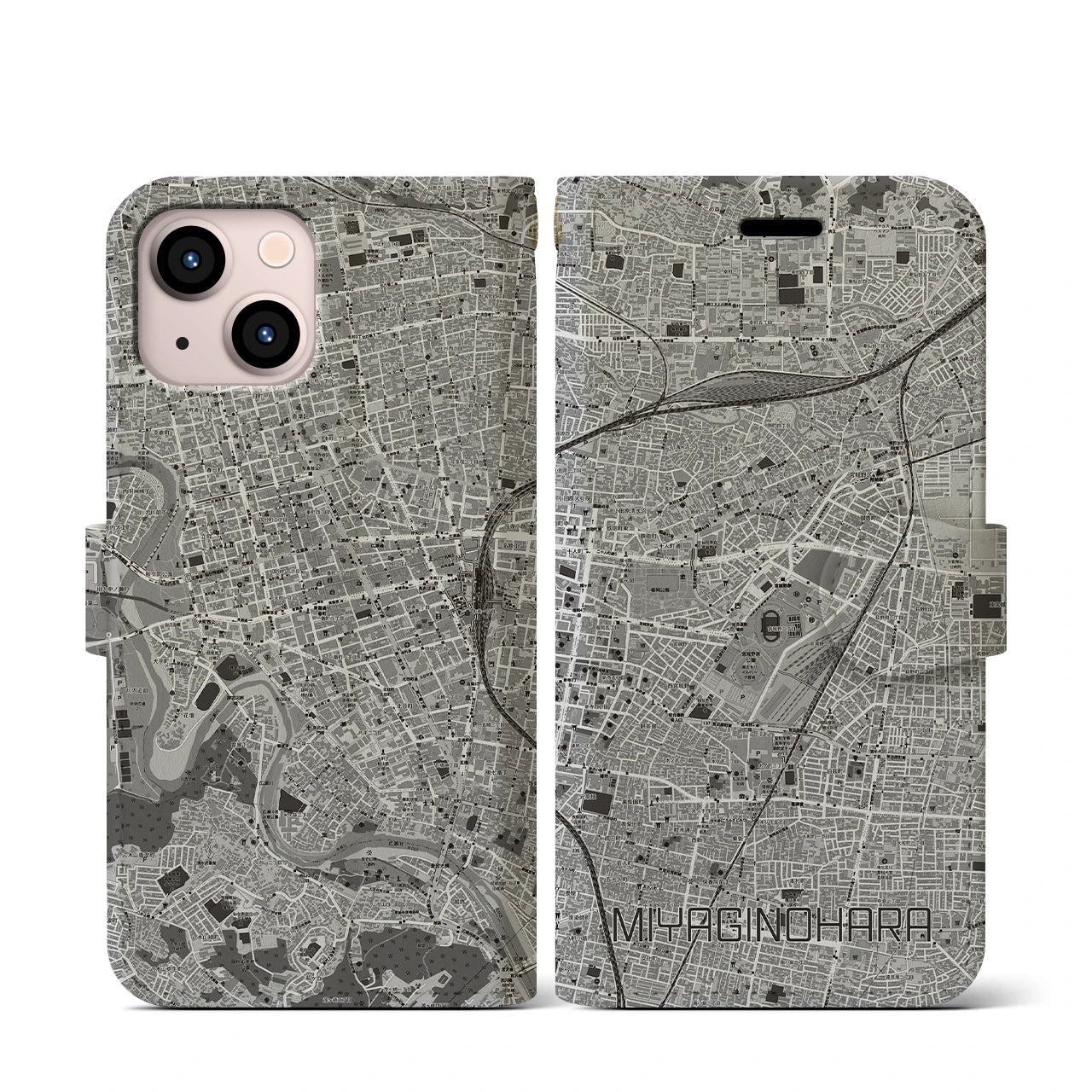 【宮城野原(宮城県)】地図柄iPhoneケース(手帳タイプ)モノトーン・iPhone 13 mini 用