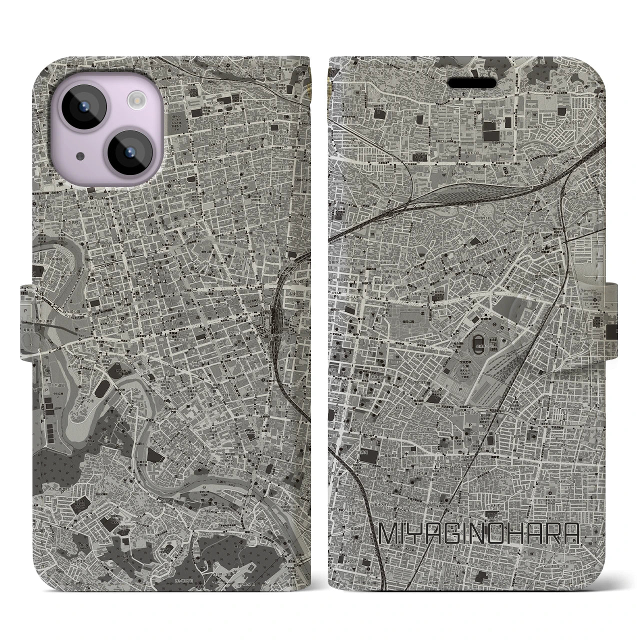 【宮城野原(宮城県)】地図柄iPhoneケース(手帳タイプ)モノトーン・iPhone 14 用