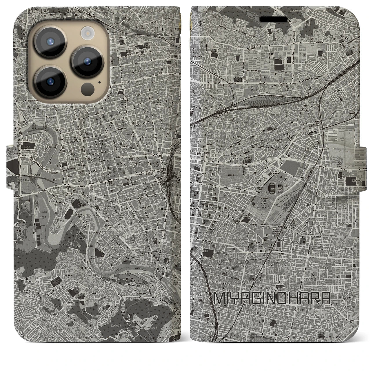 【宮城野原(宮城県)】地図柄iPhoneケース(手帳タイプ)モノトーン・iPhone 14 Pro Max 用