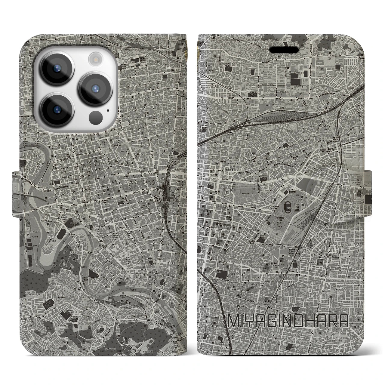 【宮城野原(宮城県)】地図柄iPhoneケース(手帳タイプ)モノトーン・iPhone 14 Pro 用