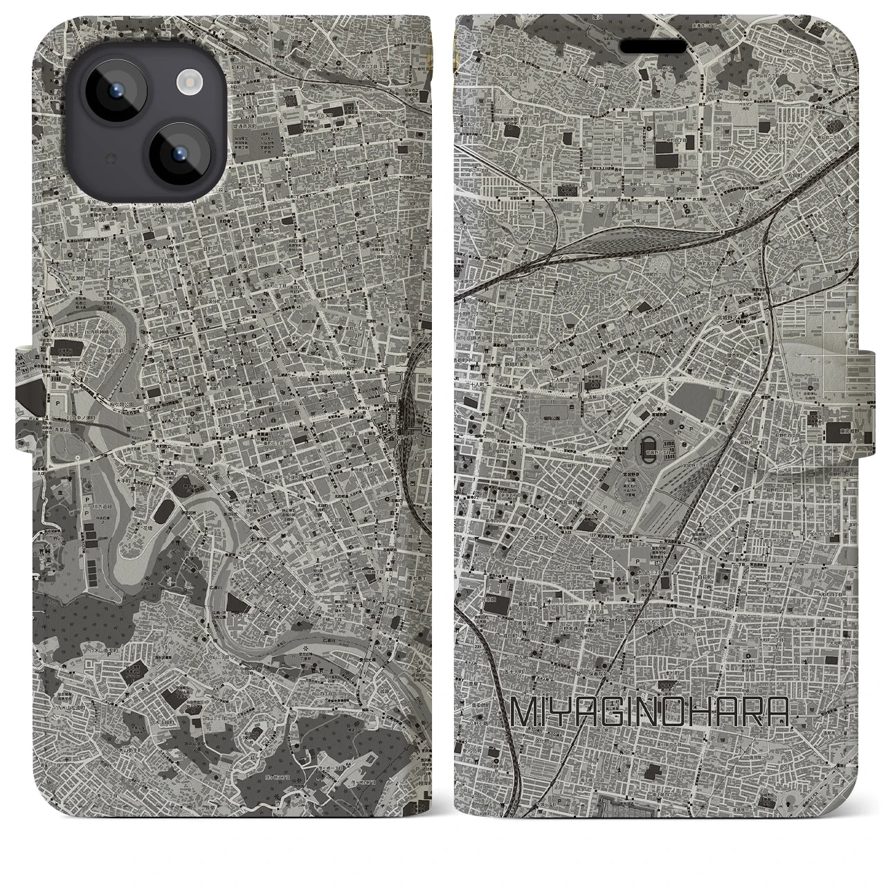 【宮城野原(宮城県)】地図柄iPhoneケース(手帳タイプ)モノトーン・iPhone 14 Plus 用