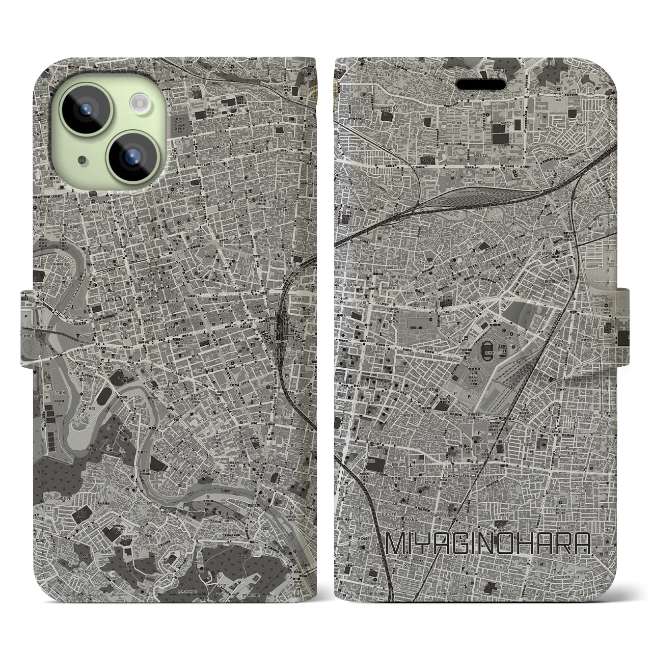 【宮城野原(宮城県)】地図柄iPhoneケース(手帳タイプ)モノトーン・iPhone 15 用