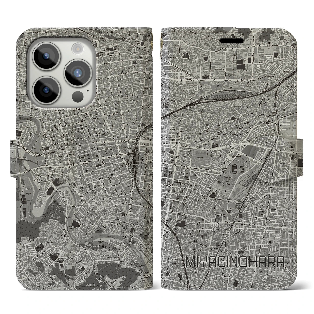 【宮城野原(宮城県)】地図柄iPhoneケース(手帳タイプ)モノトーン・iPhone 15 Pro 用