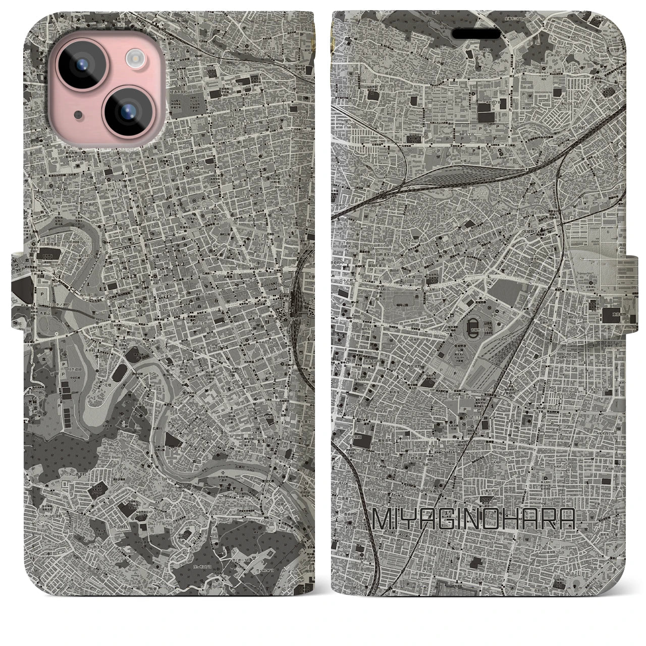 【宮城野原(宮城県)】地図柄iPhoneケース(手帳タイプ)モノトーン・iPhone 15 Plus 用