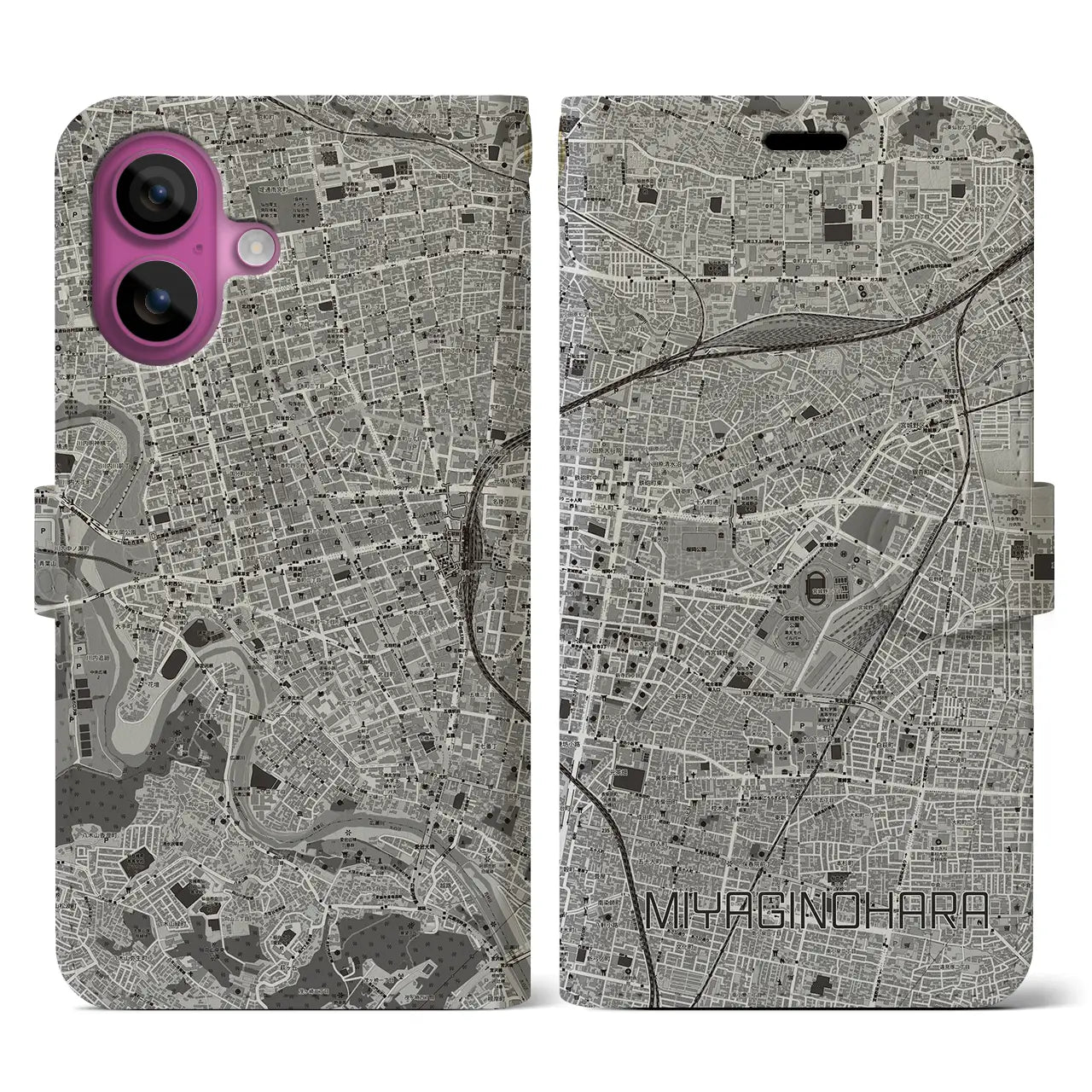 【宮城野原(宮城県)】地図柄iPhoneケース(手帳タイプ)モノトーン・iPhone 16 Pro 用