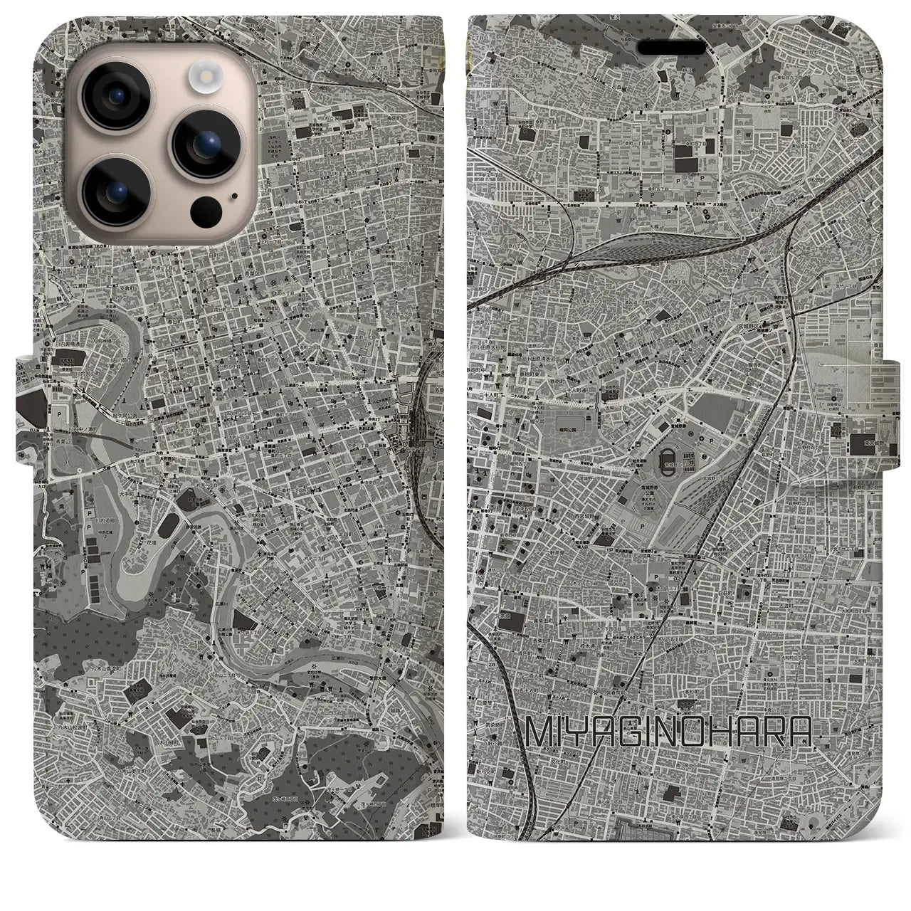 【宮城野原(宮城県)】地図柄iPhoneケース(手帳タイプ)モノトーン・iPhone 16 Plus 用