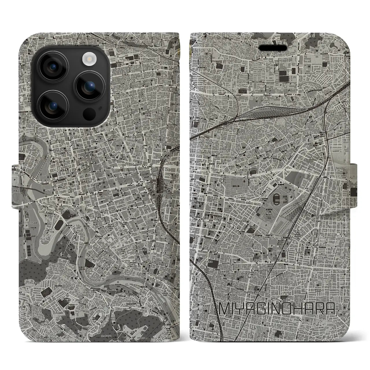 【宮城野原(宮城県)】地図柄iPhoneケース(手帳タイプ)モノトーン・iPhone 16 用