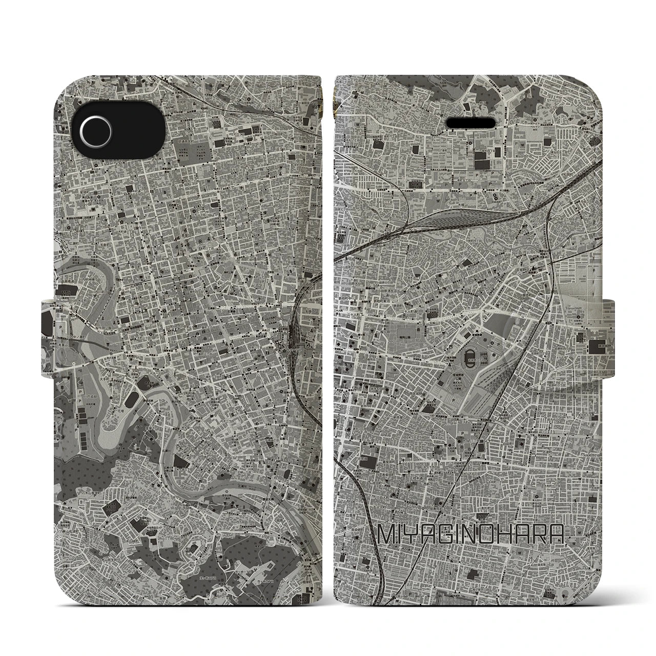 【宮城野原(宮城県)】地図柄iPhoneケース(手帳タイプ)モノトーン・iPhone SE(第3 / 第2世代) / 8 / 7 / 6s / 6 用