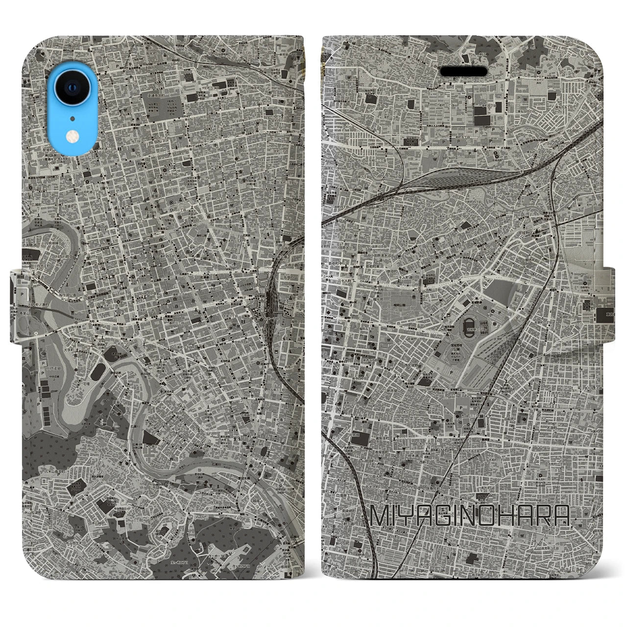 【宮城野原(宮城県)】地図柄iPhoneケース(手帳タイプ)モノトーン・iPhone XR 用