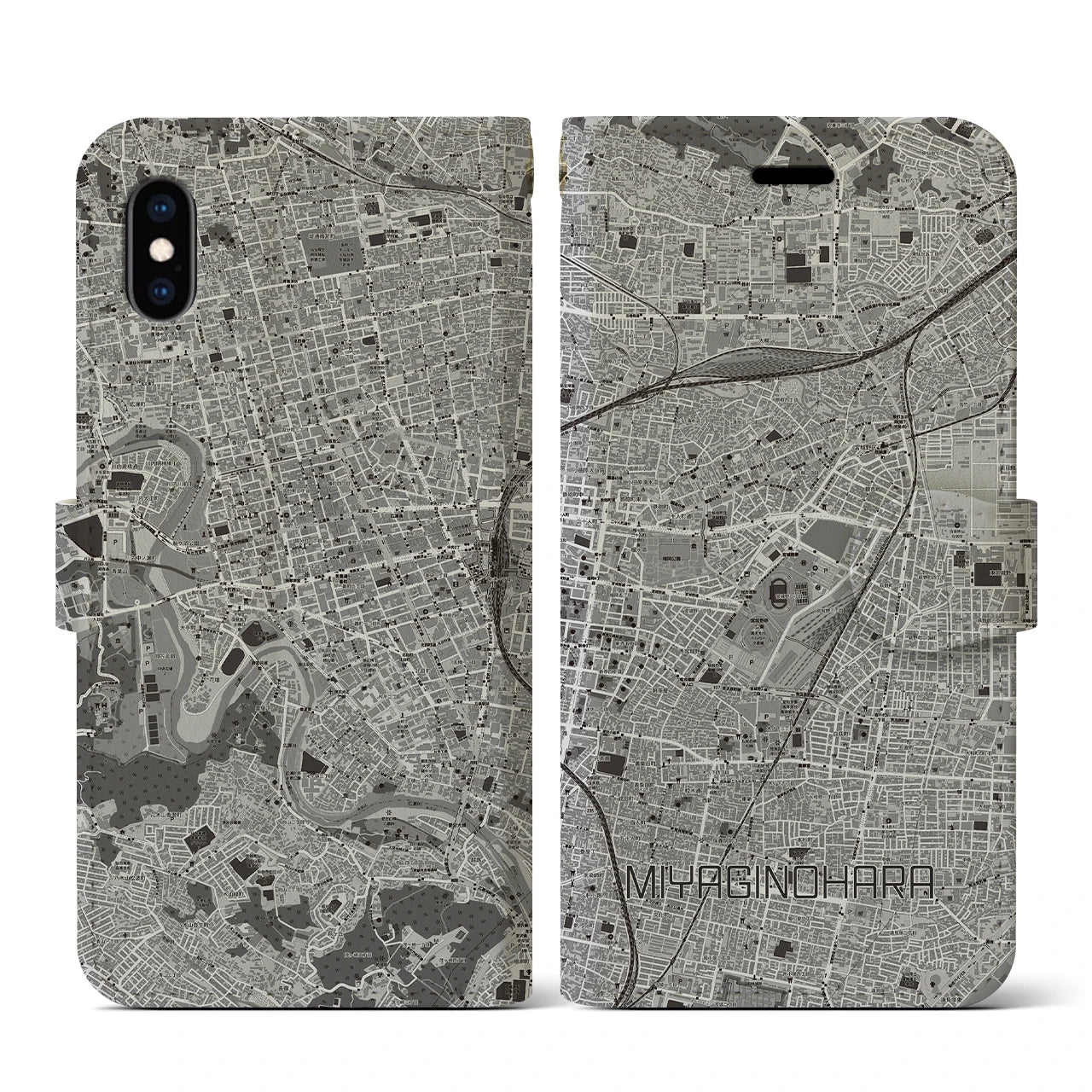 【宮城野原(宮城県)】地図柄iPhoneケース(手帳タイプ)モノトーン・iPhone XS / X 用