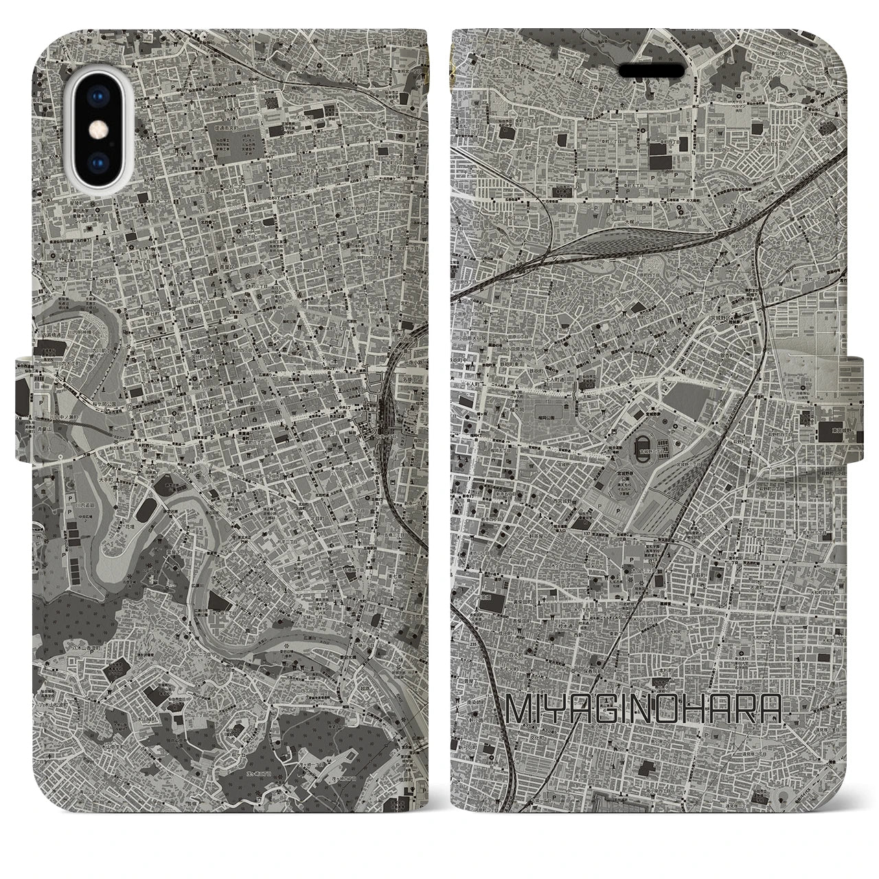 【宮城野原(宮城県)】地図柄iPhoneケース(手帳タイプ)モノトーン・iPhone XS Max 用