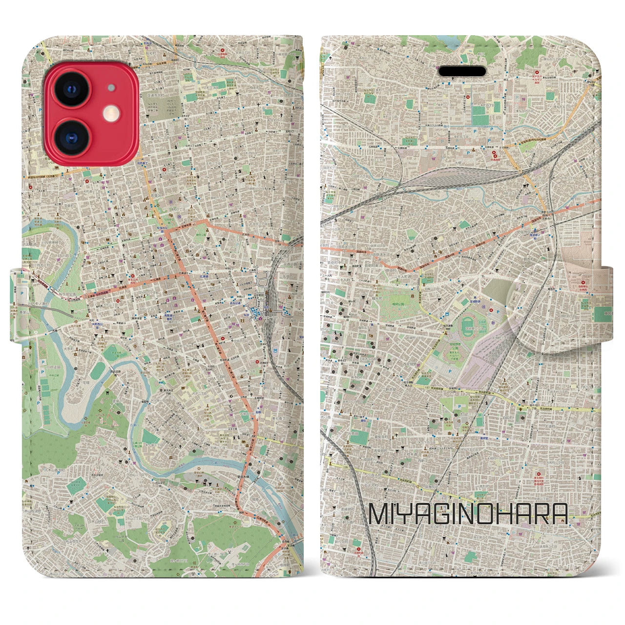 【宮城野原(宮城県)】地図柄iPhoneケース(手帳タイプ)ナチュラル・iPhone 11 用
