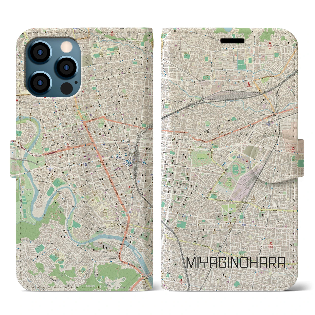 【宮城野原(宮城県)】地図柄iPhoneケース(手帳タイプ)ナチュラル・iPhone 12 / 12 Pro 用