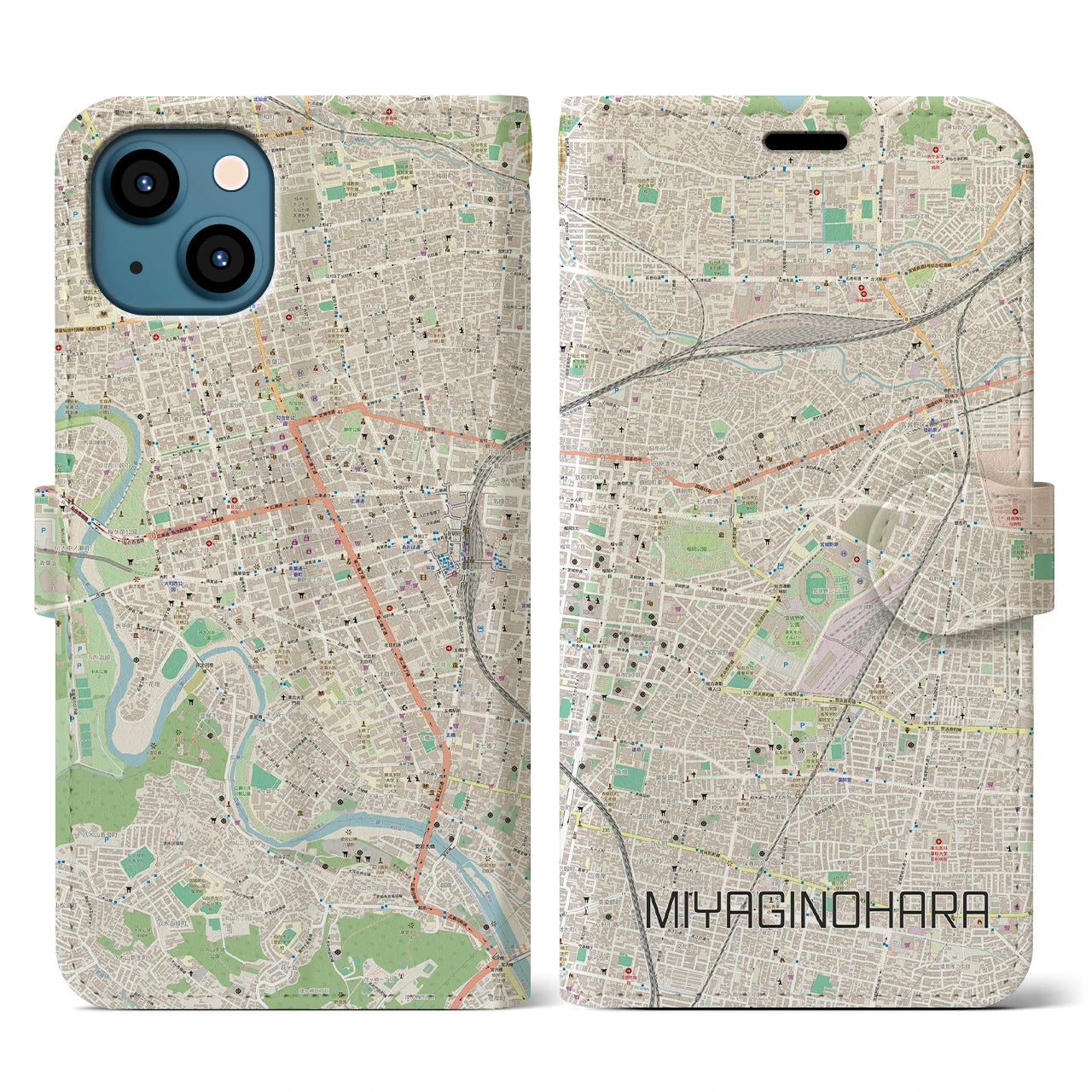 【宮城野原(宮城県)】地図柄iPhoneケース(手帳タイプ)ナチュラル・iPhone 13 用