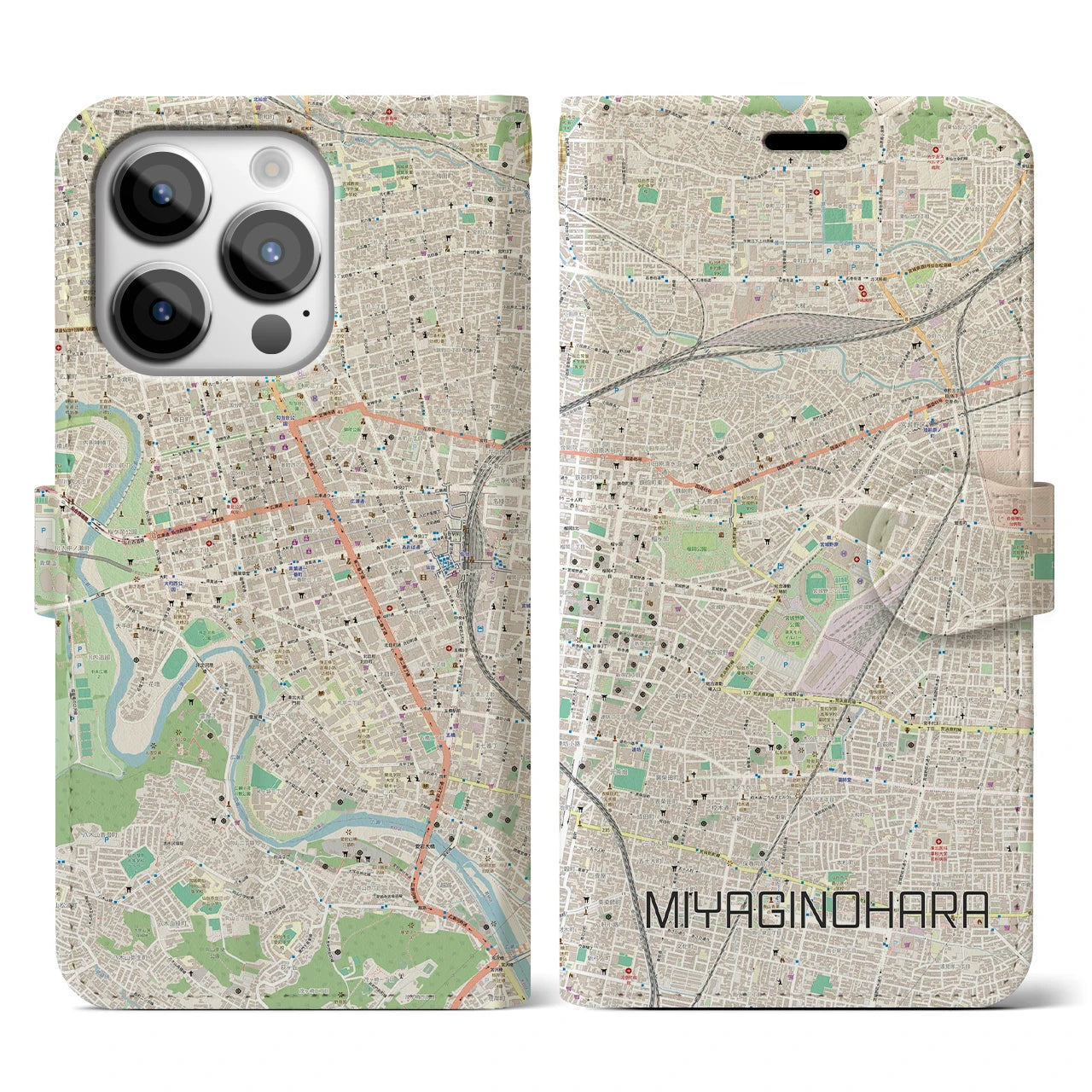 【宮城野原(宮城県)】地図柄iPhoneケース(手帳タイプ)ナチュラル・iPhone 14 Pro 用