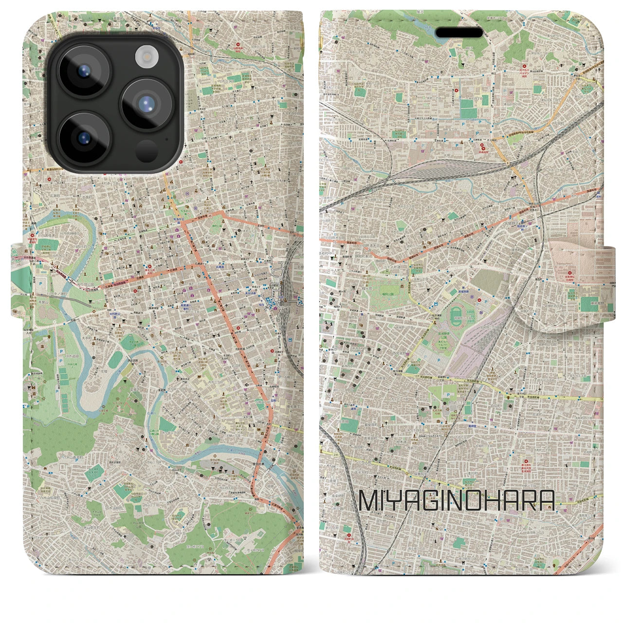 【宮城野原(宮城県)】地図柄iPhoneケース(手帳タイプ)ナチュラル・iPhone 15 Pro Max 用