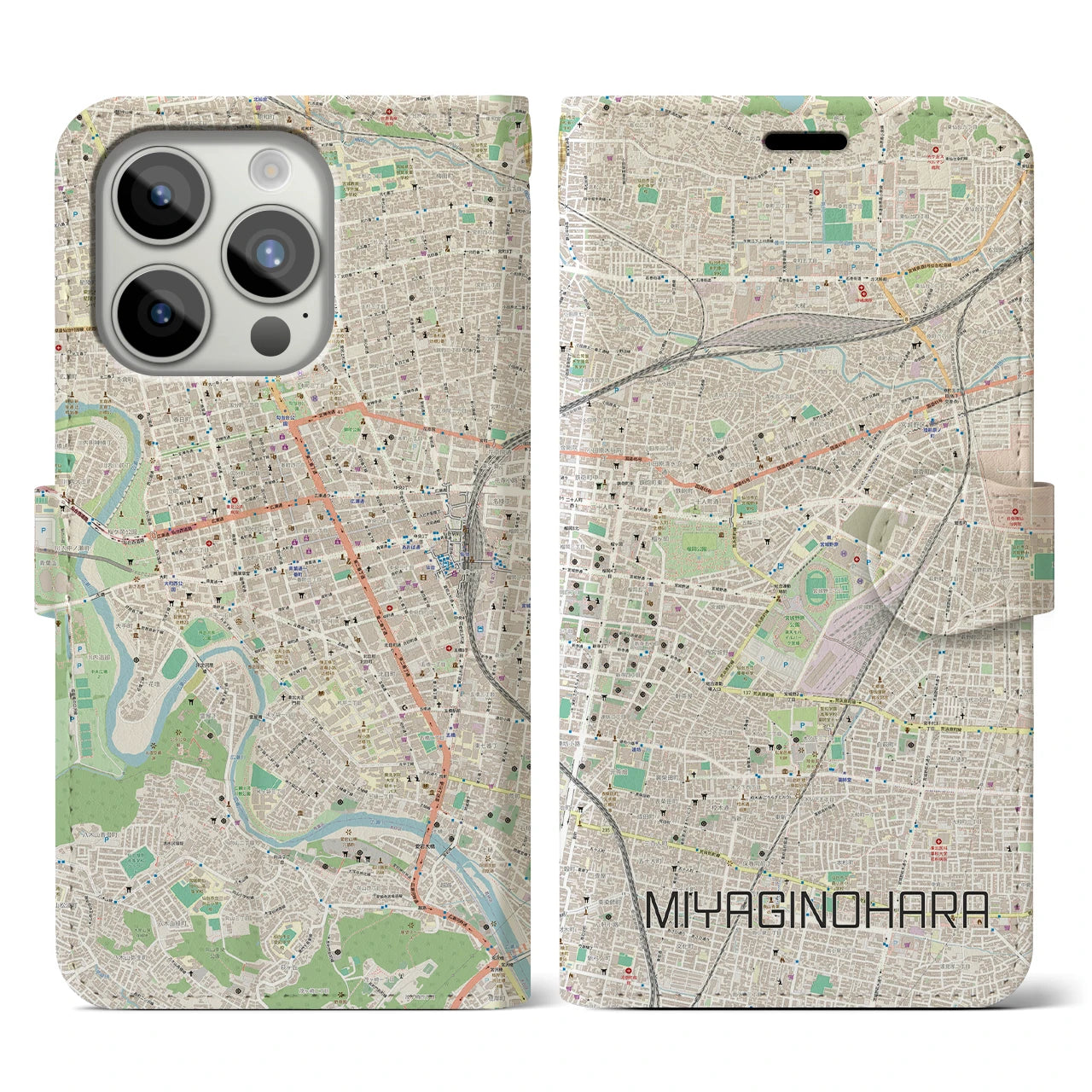 【宮城野原(宮城県)】地図柄iPhoneケース(手帳タイプ)ナチュラル・iPhone 15 Pro 用
