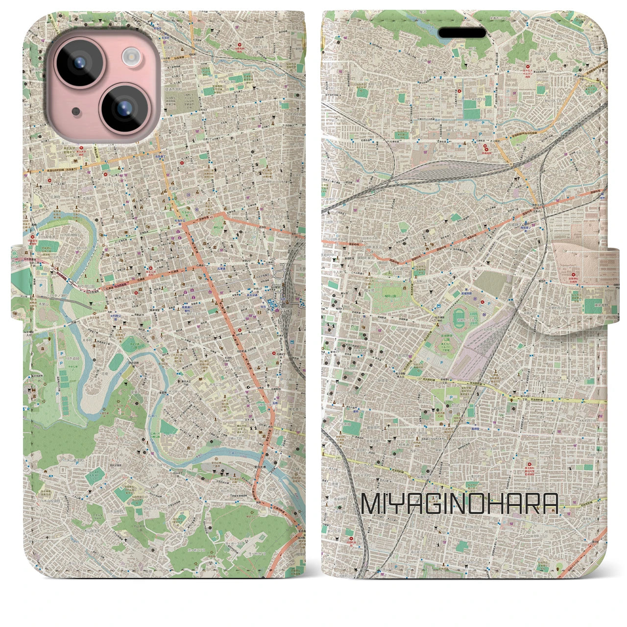 【宮城野原(宮城県)】地図柄iPhoneケース(手帳タイプ)ナチュラル・iPhone 15 Plus 用