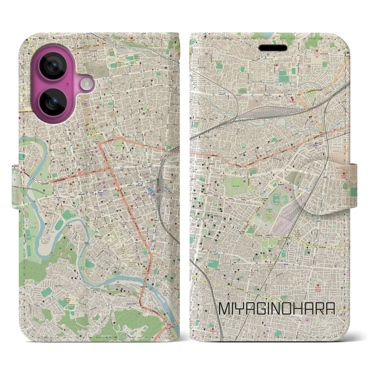 【宮城野原(宮城県)】地図柄iPhoneケース(手帳タイプ)ナチュラル・iPhone 16 Pro 用