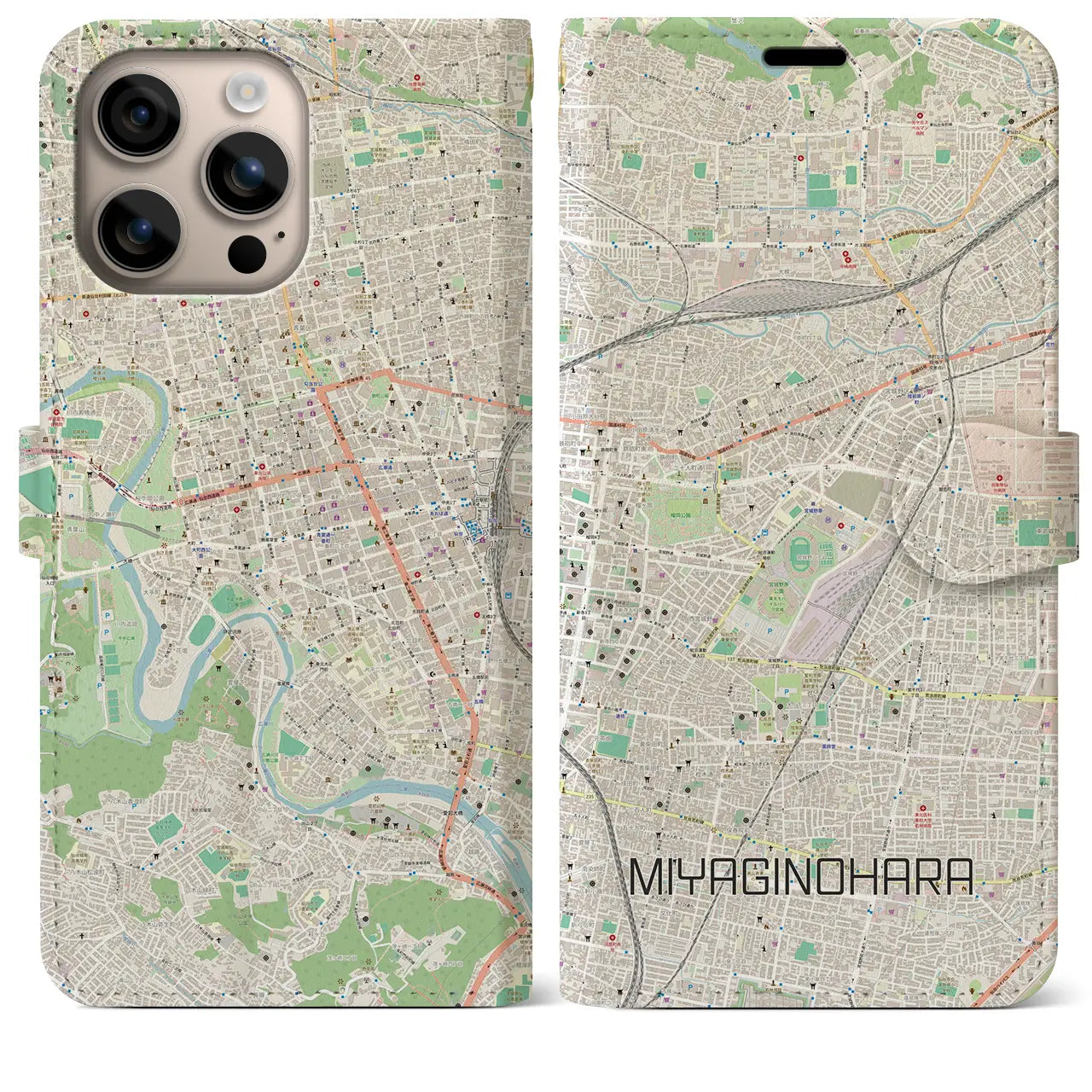 【宮城野原(宮城県)】地図柄iPhoneケース(手帳タイプ)ナチュラル・iPhone 16 Plus 用