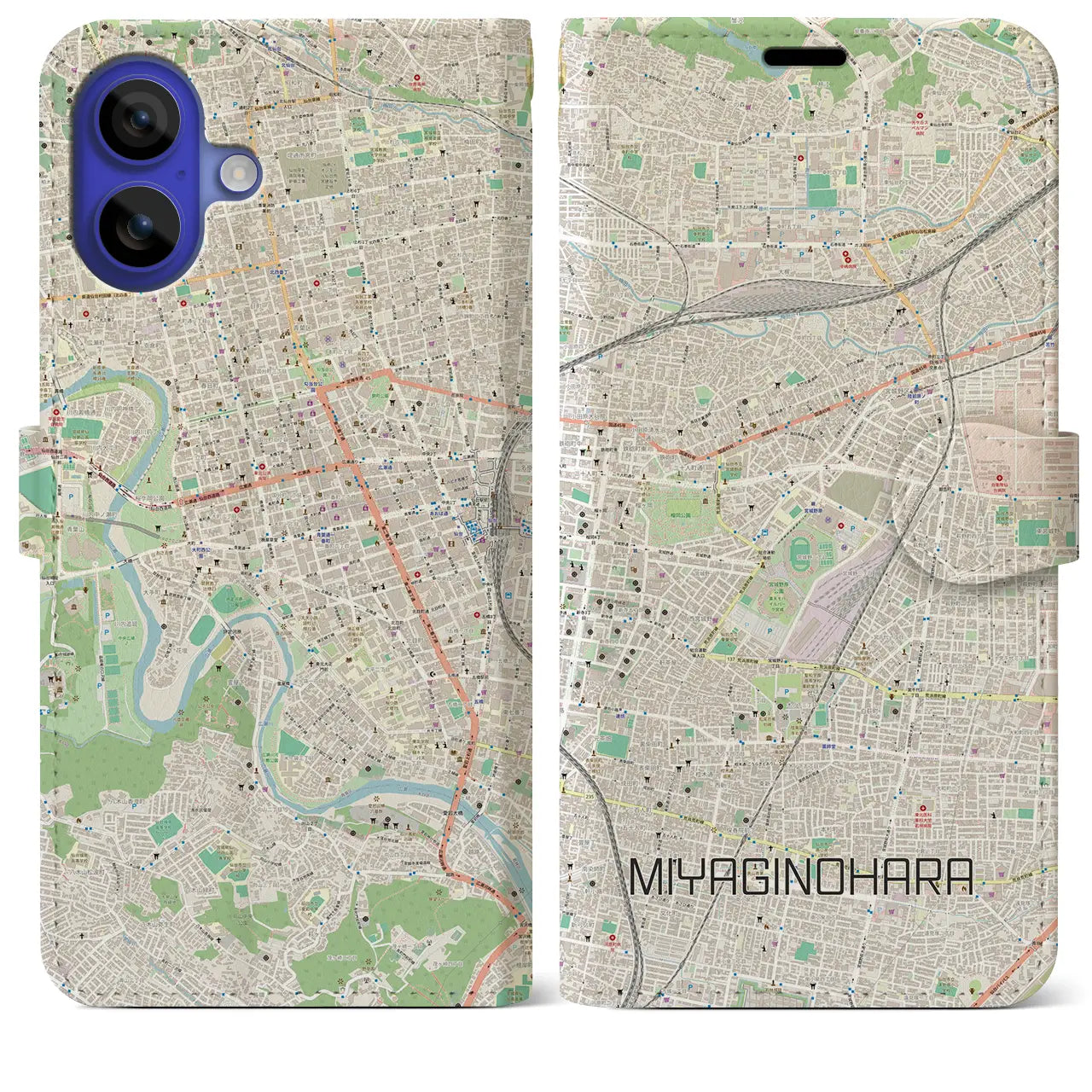 【宮城野原(宮城県)】地図柄iPhoneケース(手帳タイプ)ナチュラル・iPhone 16 Pro Max 用