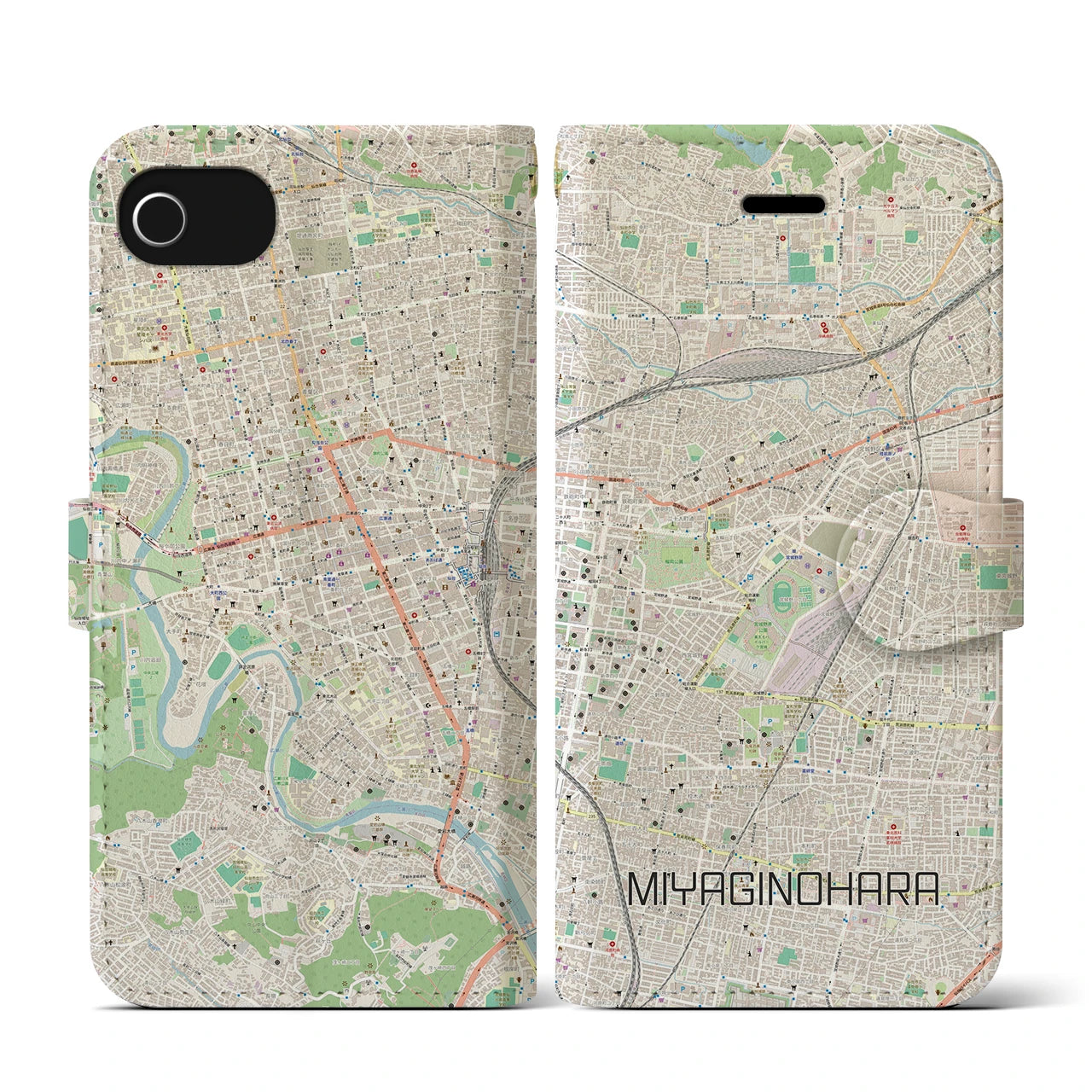 【宮城野原(宮城県)】地図柄iPhoneケース(手帳タイプ)ナチュラル・iPhone SE(第3 / 第2世代) / 8 / 7 / 6s / 6 用