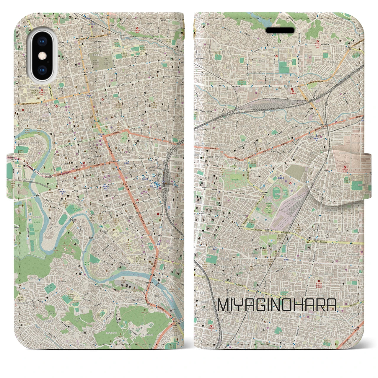 【宮城野原(宮城県)】地図柄iPhoneケース(手帳タイプ)ナチュラル・iPhone XS Max 用