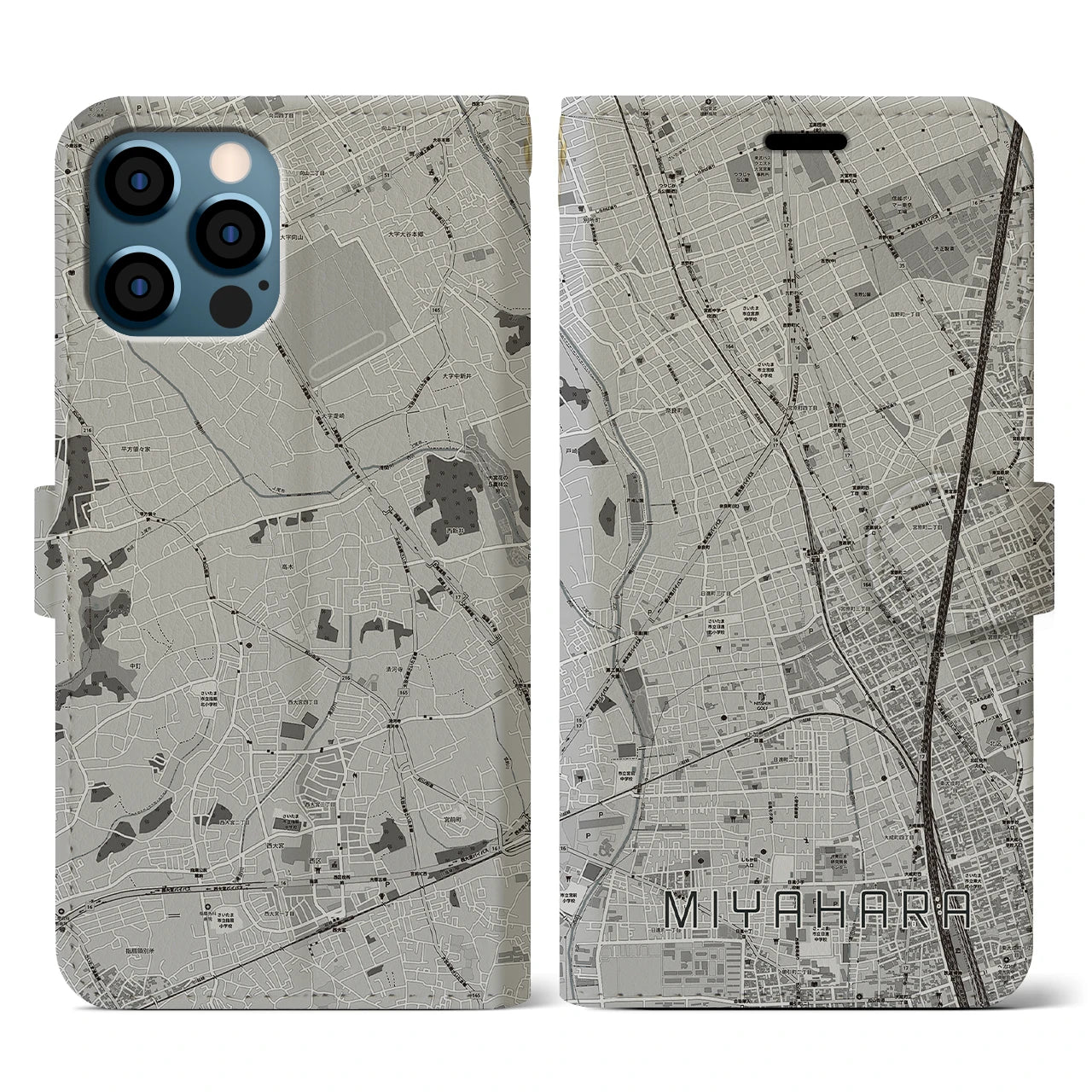 【宮原(埼玉県)】地図柄iPhoneケース(手帳タイプ)モノトーン・iPhone 12 / 12 Pro 用