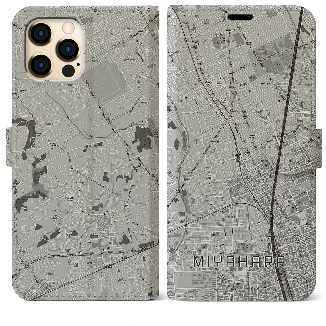 【宮原(埼玉県)】地図柄iPhoneケース(手帳タイプ)モノトーン・iPhone 12 Pro Max 用
