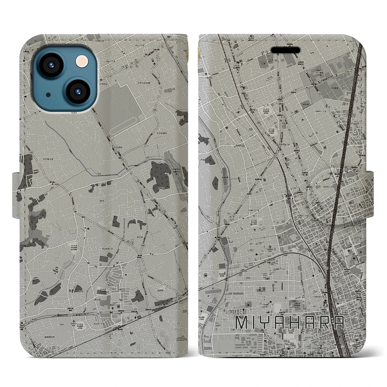 【宮原(埼玉県)】地図柄iPhoneケース(手帳タイプ)モノトーン・iPhone 13 用