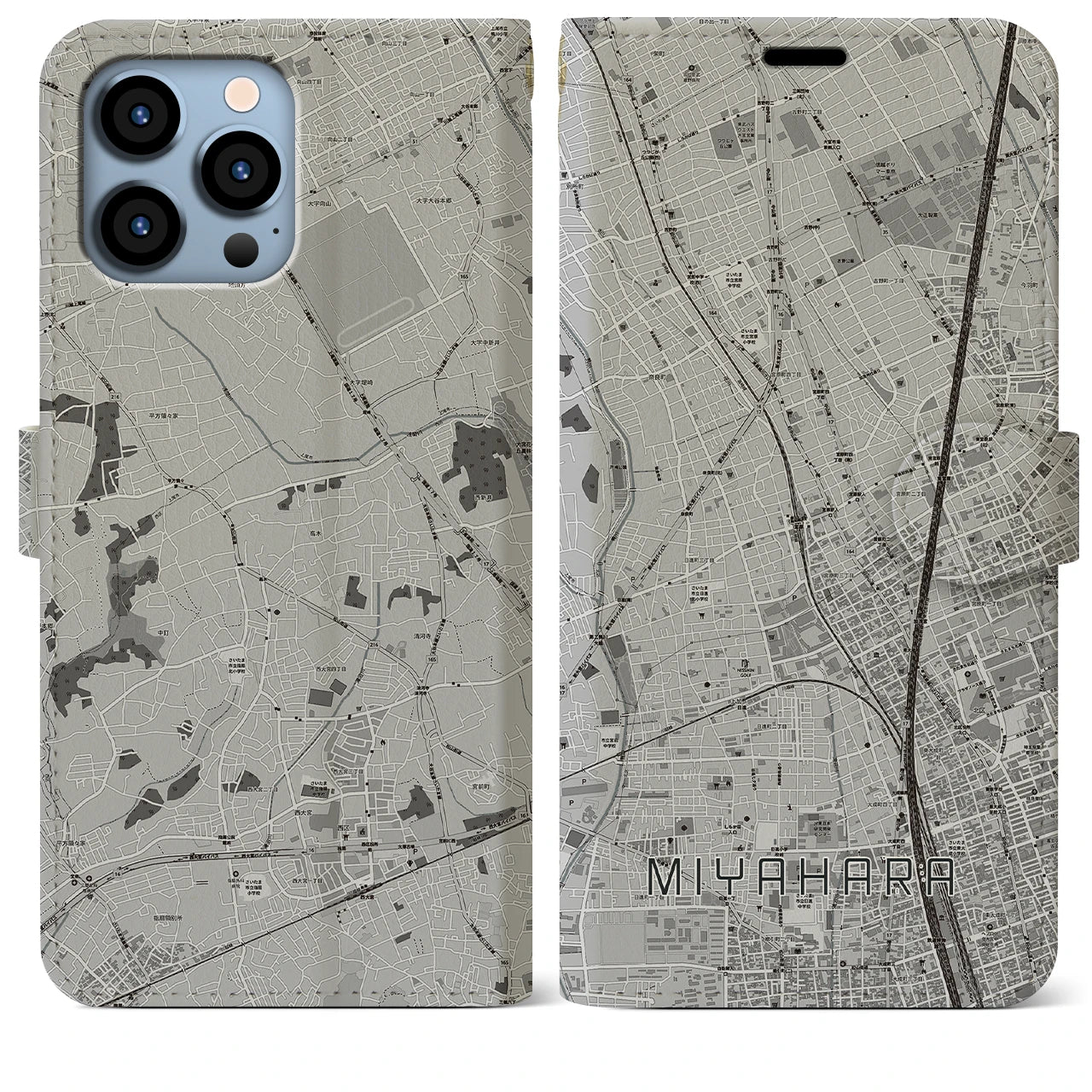 【宮原(埼玉県)】地図柄iPhoneケース(手帳タイプ)モノトーン・iPhone 13 Pro Max 用
