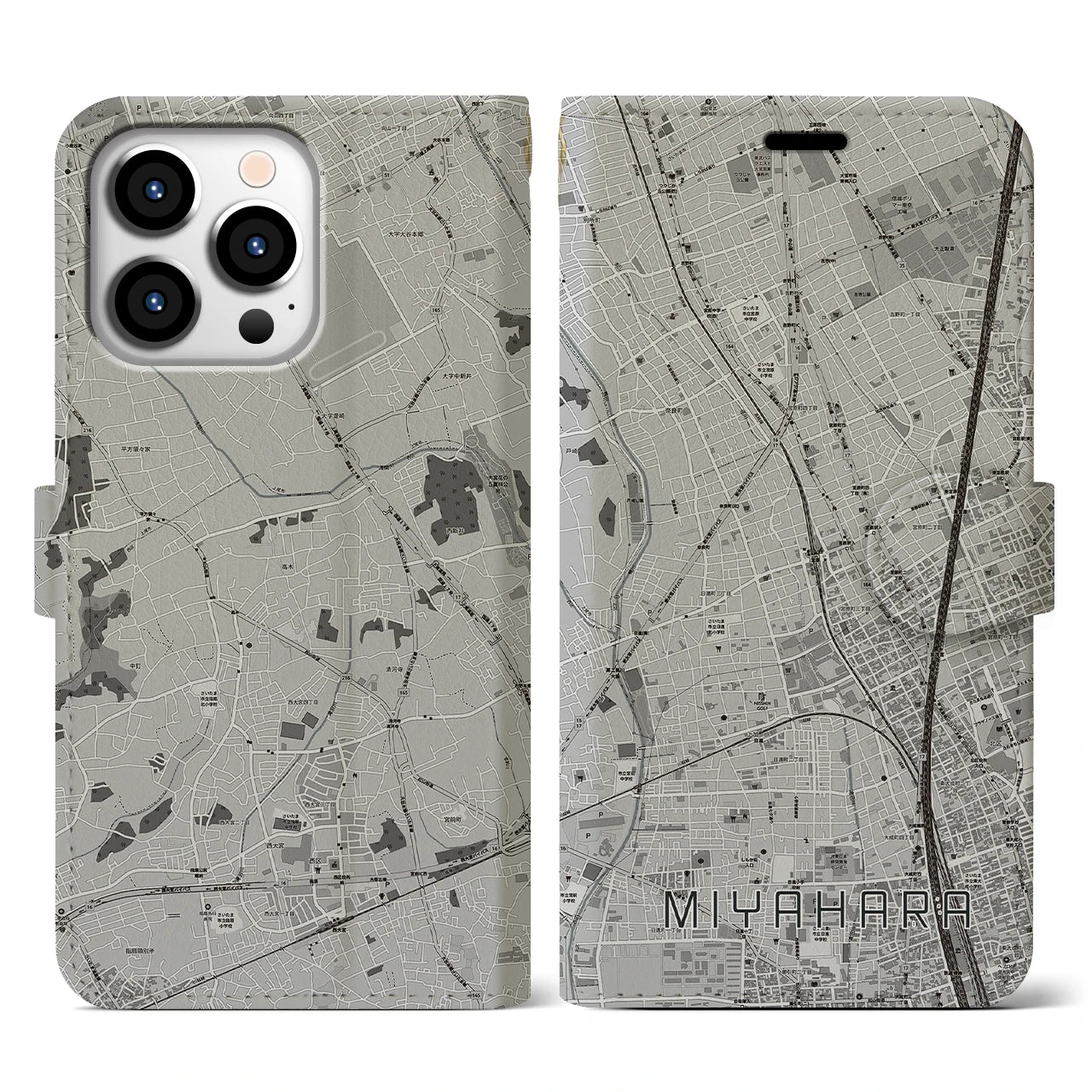 【宮原(埼玉県)】地図柄iPhoneケース(手帳タイプ)モノトーン・iPhone 13 Pro 用