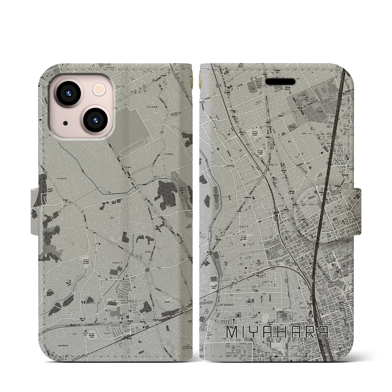 【宮原(埼玉県)】地図柄iPhoneケース(手帳タイプ)モノトーン・iPhone 13 mini 用