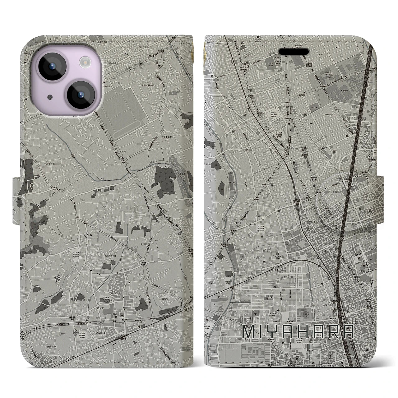 【宮原(埼玉県)】地図柄iPhoneケース(手帳タイプ)モノトーン・iPhone 14 用