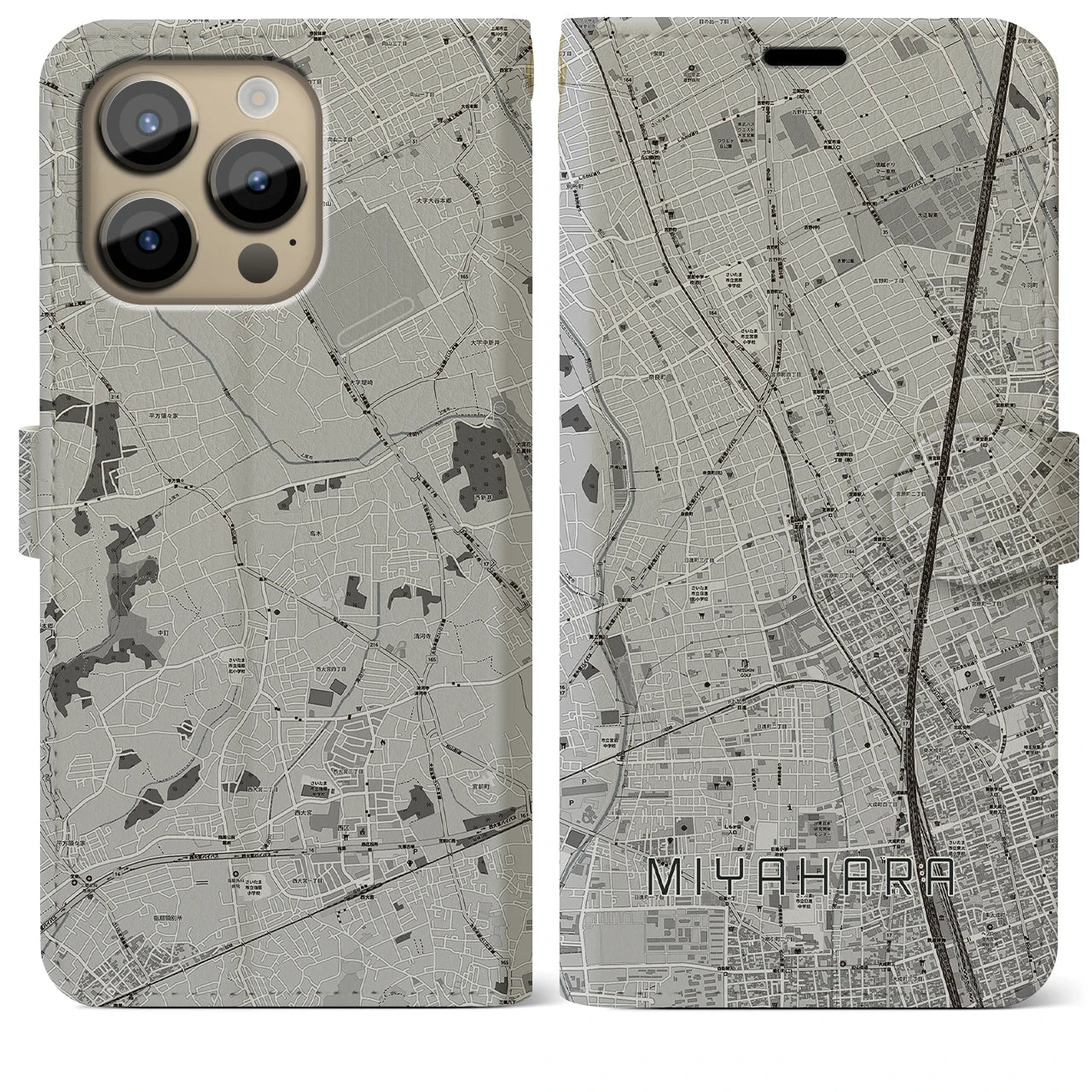 【宮原(埼玉県)】地図柄iPhoneケース(手帳タイプ)モノトーン・iPhone 14 Pro Max 用