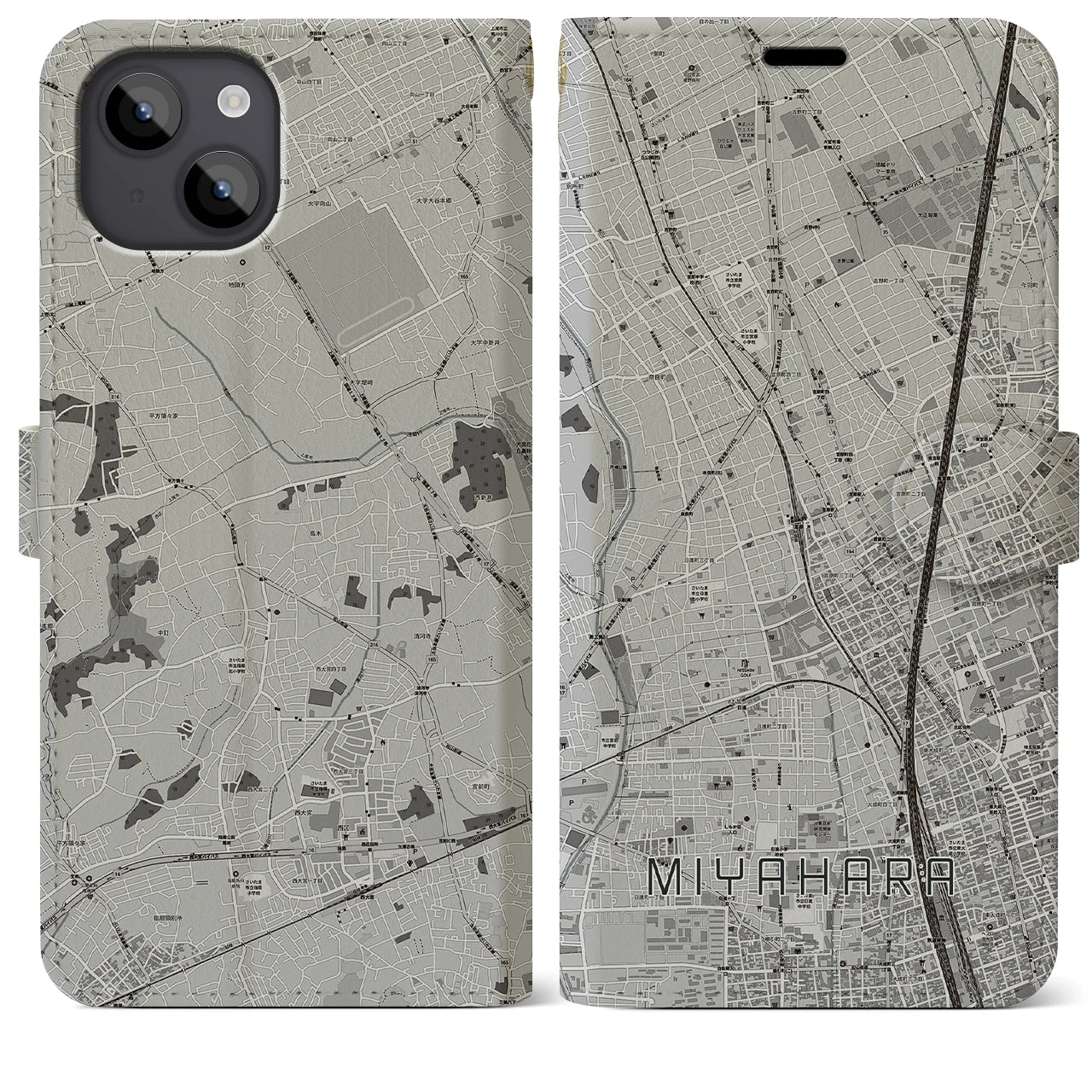 【宮原(埼玉県)】地図柄iPhoneケース(手帳タイプ)モノトーン・iPhone 14 Plus 用