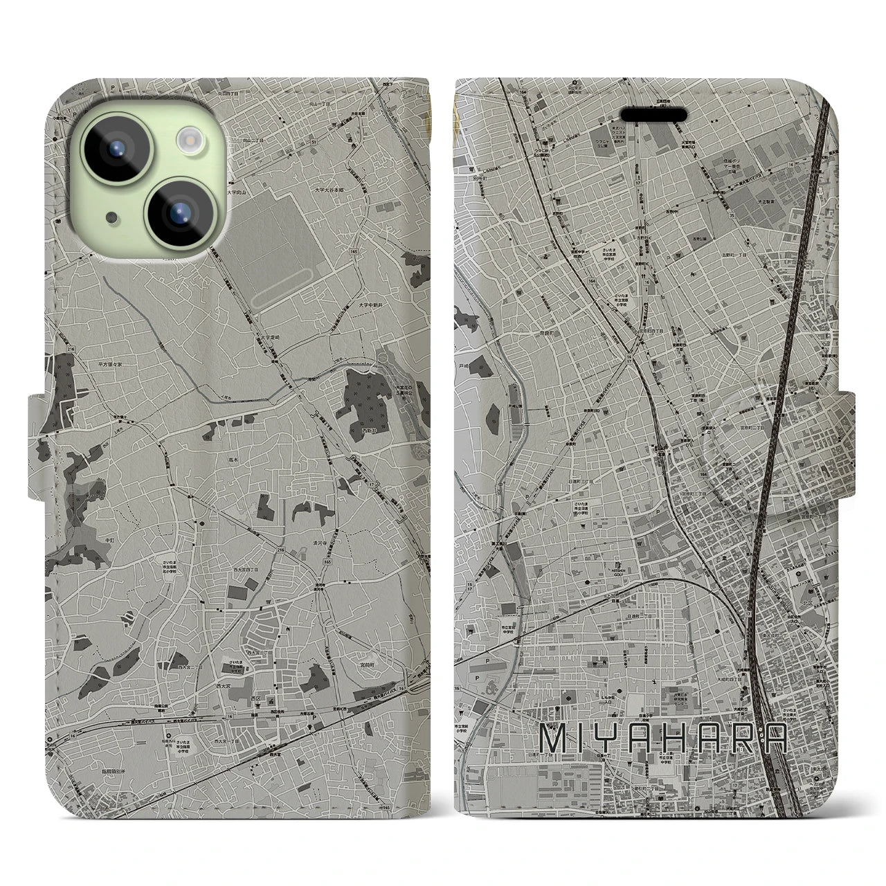 【宮原(埼玉県)】地図柄iPhoneケース(手帳タイプ)モノトーン・iPhone 15 用