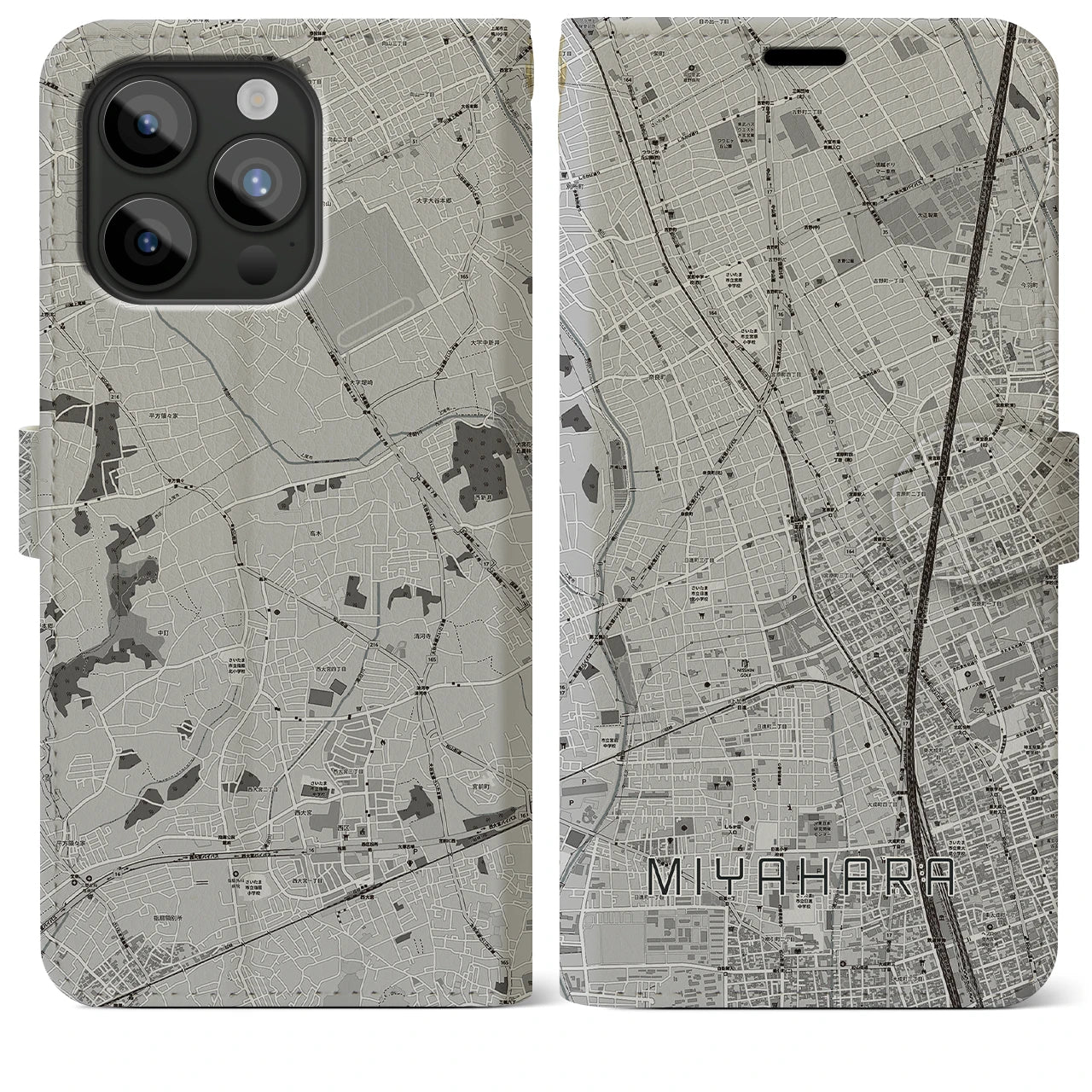 【宮原(埼玉県)】地図柄iPhoneケース(手帳タイプ)モノトーン・iPhone 15 Pro Max 用
