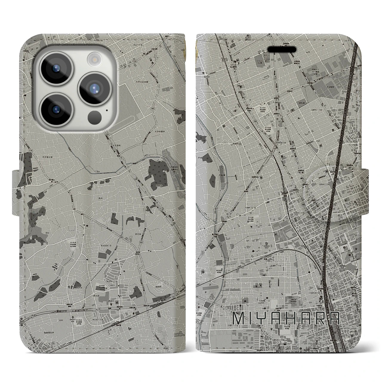 【宮原(埼玉県)】地図柄iPhoneケース(手帳タイプ)モノトーン・iPhone 15 Pro 用