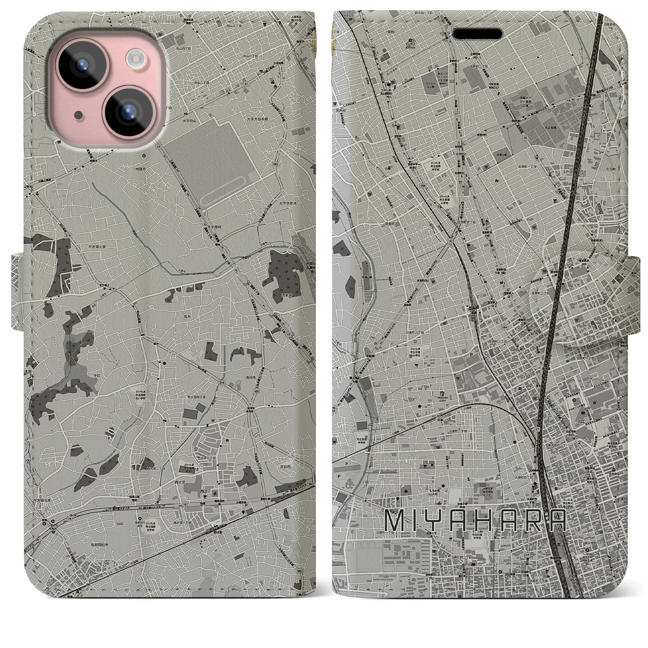 【宮原(埼玉県)】地図柄iPhoneケース(手帳タイプ)モノトーン・iPhone 15 Plus 用