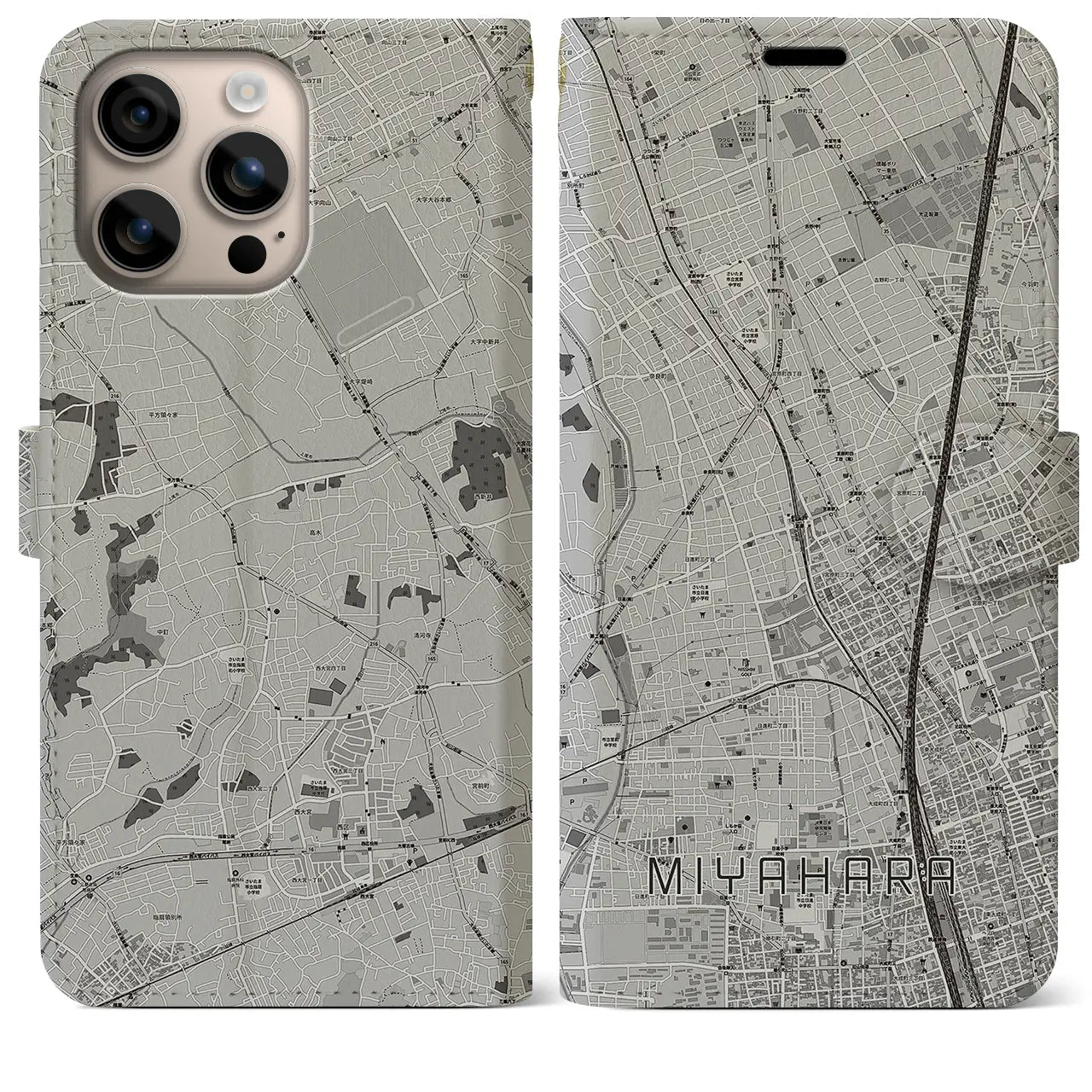 【宮原(埼玉県)】地図柄iPhoneケース(手帳タイプ)モノトーン・iPhone 16 Plus 用