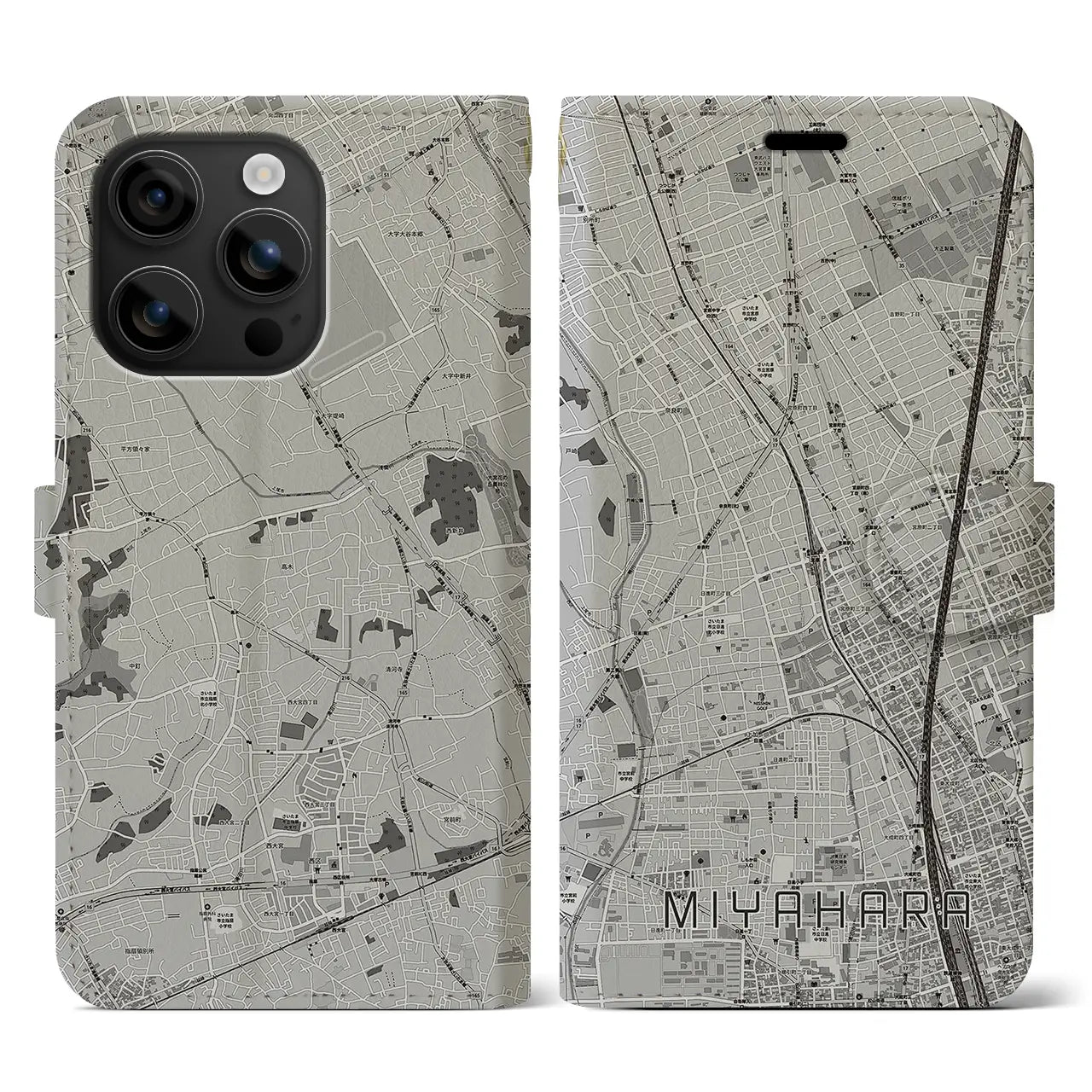 【宮原(埼玉県)】地図柄iPhoneケース(手帳タイプ)モノトーン・iPhone 16 用