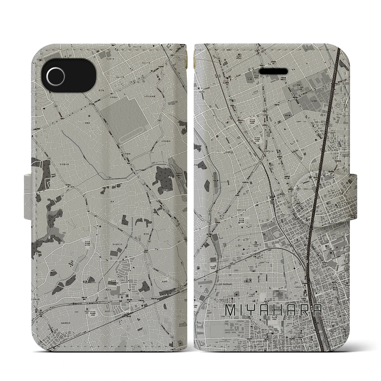 【宮原(埼玉県)】地図柄iPhoneケース(手帳タイプ)モノトーン・iPhone SE(第3 / 第2世代) / 8 / 7 / 6s / 6 用