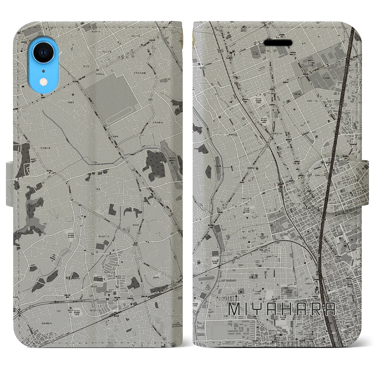 【宮原(埼玉県)】地図柄iPhoneケース(手帳タイプ)モノトーン・iPhone XR 用